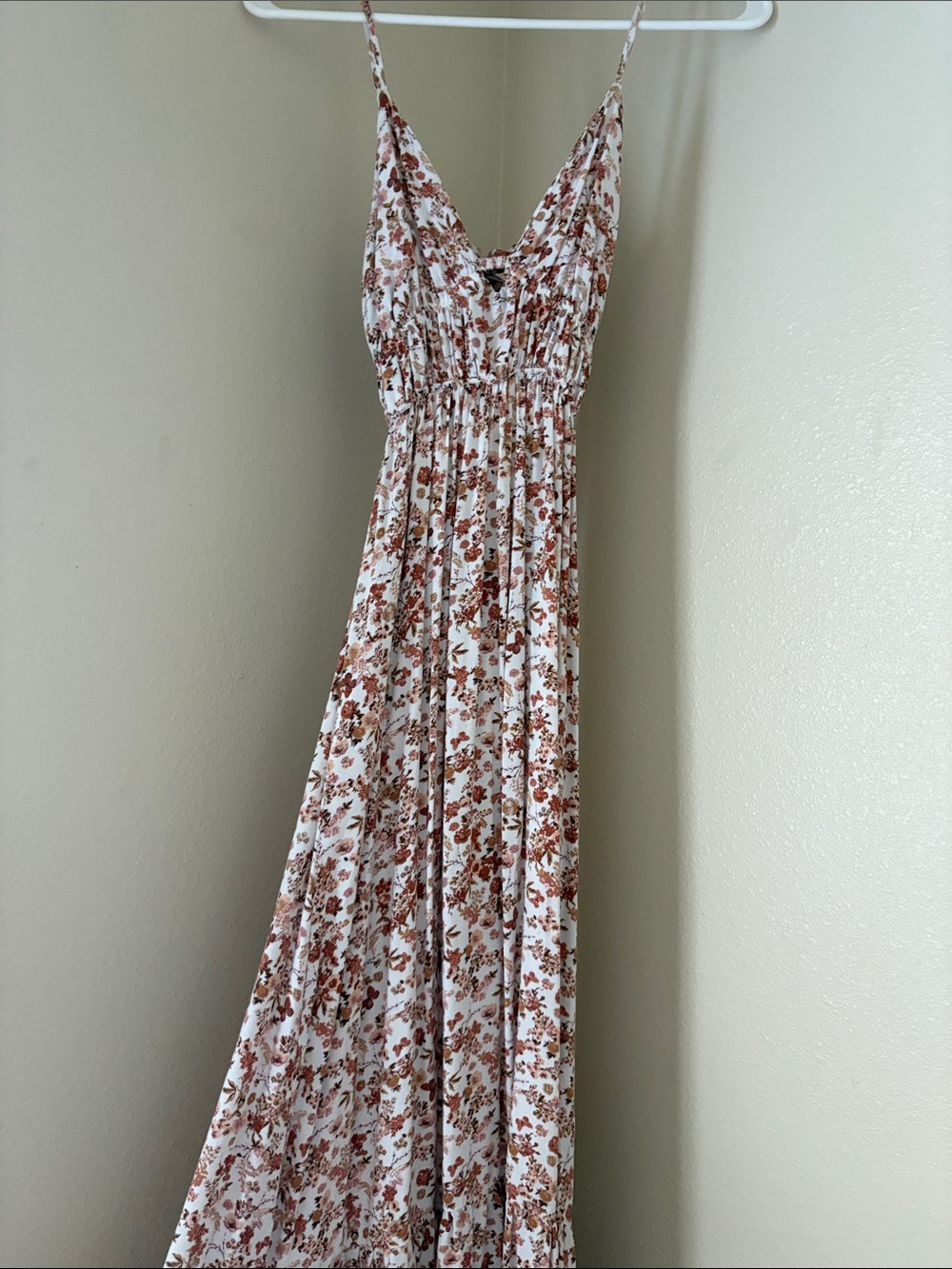Spaghetti-Strap White Maxi Dress with Brown Floral Print